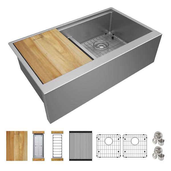 Elkay EFRUFFA33179RW Crosstown® 16 Gauge Workstation Stainless Steel 34-7/8" x 20-1/4" x 9-7/16" Equal Double Bowl Farmhouse Sink Kit with Aqua Divide