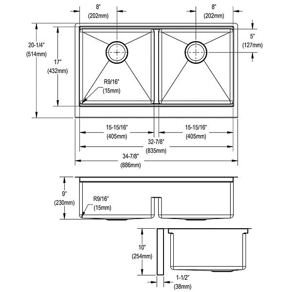 Elkay EFRUFFA33179RW Crosstown® 16 Gauge Workstation Stainless Steel 34-7/8" x 20-1/4" x 9-7/16" Equal Double Bowl Farmhouse Sink Kit with Aqua Divide