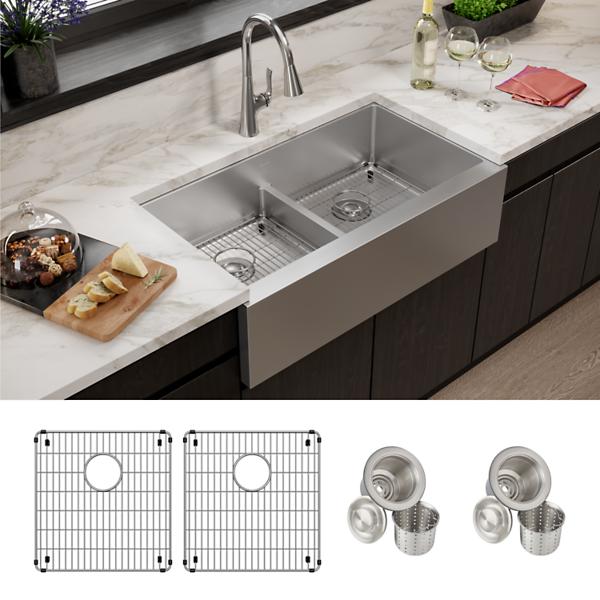 Elkay EFRUFFA3417DBG Crosstown® 16 Gauge Stainless Steel 35-7/8" x 20-1/4" x 9" Equal Double Bowl Tall Farmhouse Sink Kit with Aqua Divide