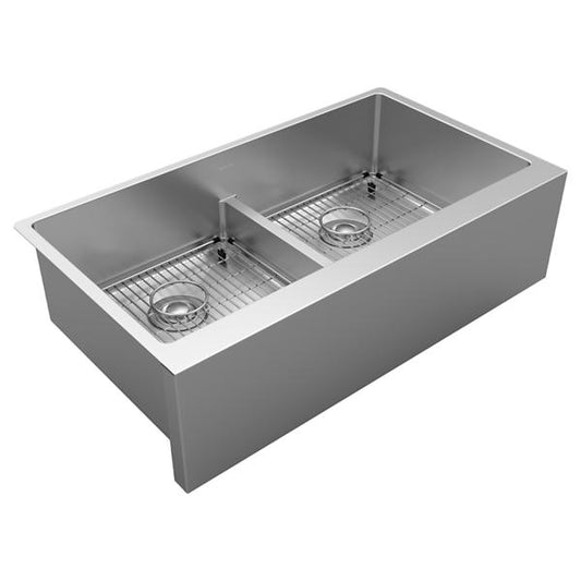 Elkay EFRUFFA3417DBG Crosstown® 16 Gauge Stainless Steel 35-7/8" x 20-1/4" x 9" Equal Double Bowl Tall Farmhouse Sink Kit with Aqua Divide