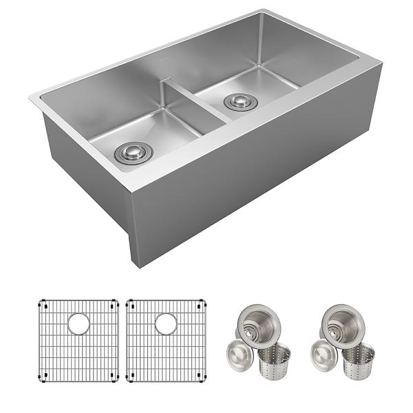 Elkay EFRUFFA3417DBG Crosstown® 16 Gauge Stainless Steel 35-7/8" x 20-1/4" x 9" Equal Double Bowl Tall Farmhouse Sink Kit with Aqua Divide