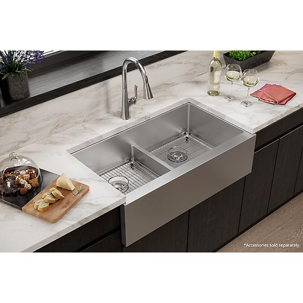 Elkay EFRUFFA3417 Crosstown® 16 Gauge Stainless Steel 35-7/8" x 20-1/4" x 9" Equal Double Bowl Tall Farmhouse Sink with Aqua Divide