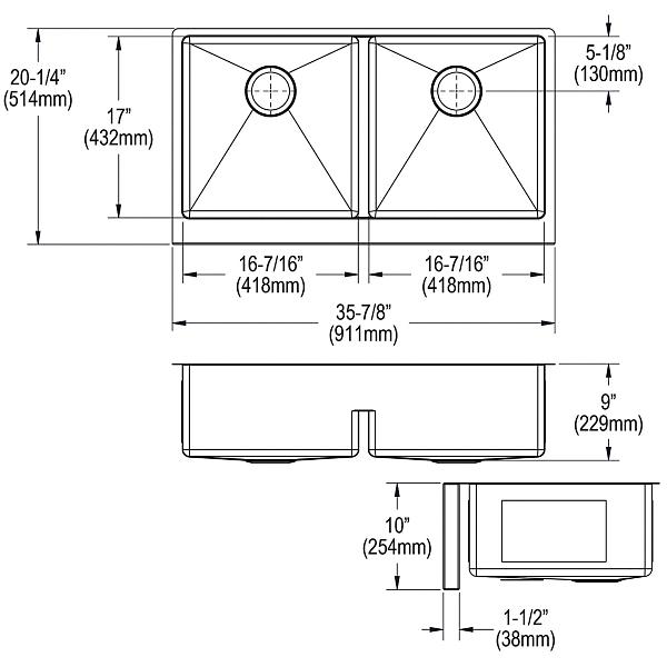 Elkay EFRUFFA3417DBG Crosstown® 16 Gauge Stainless Steel 35-7/8" x 20-1/4" x 9" Equal Double Bowl Tall Farmhouse Sink Kit with Aqua Divide