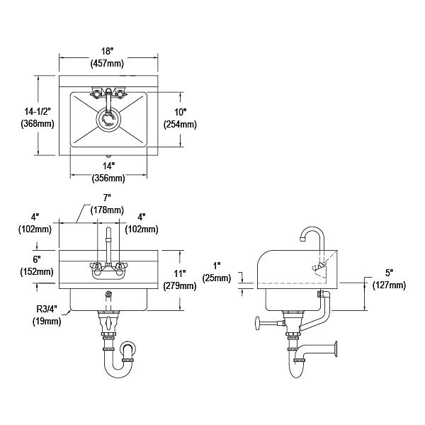 Elkay EHS-18-SDX Stainless Steel 18" x 14-1/2" x 11" 18 Gauge Hand Sink with Side Splashes Lever Drain P-Trap Overflow and Faucet