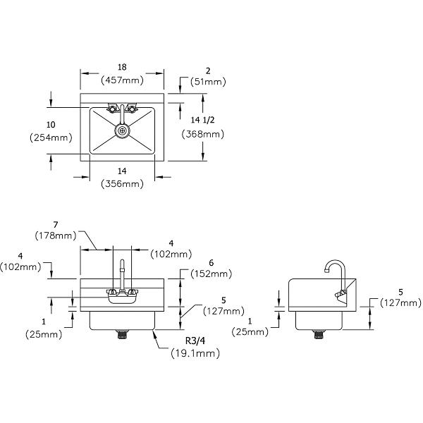 Elkay EHS-18-SSX Stainless Steel 18" x 14-1/2" x 11" 18 Gauge Hand Sink with Dual Side Splashes and Faucet