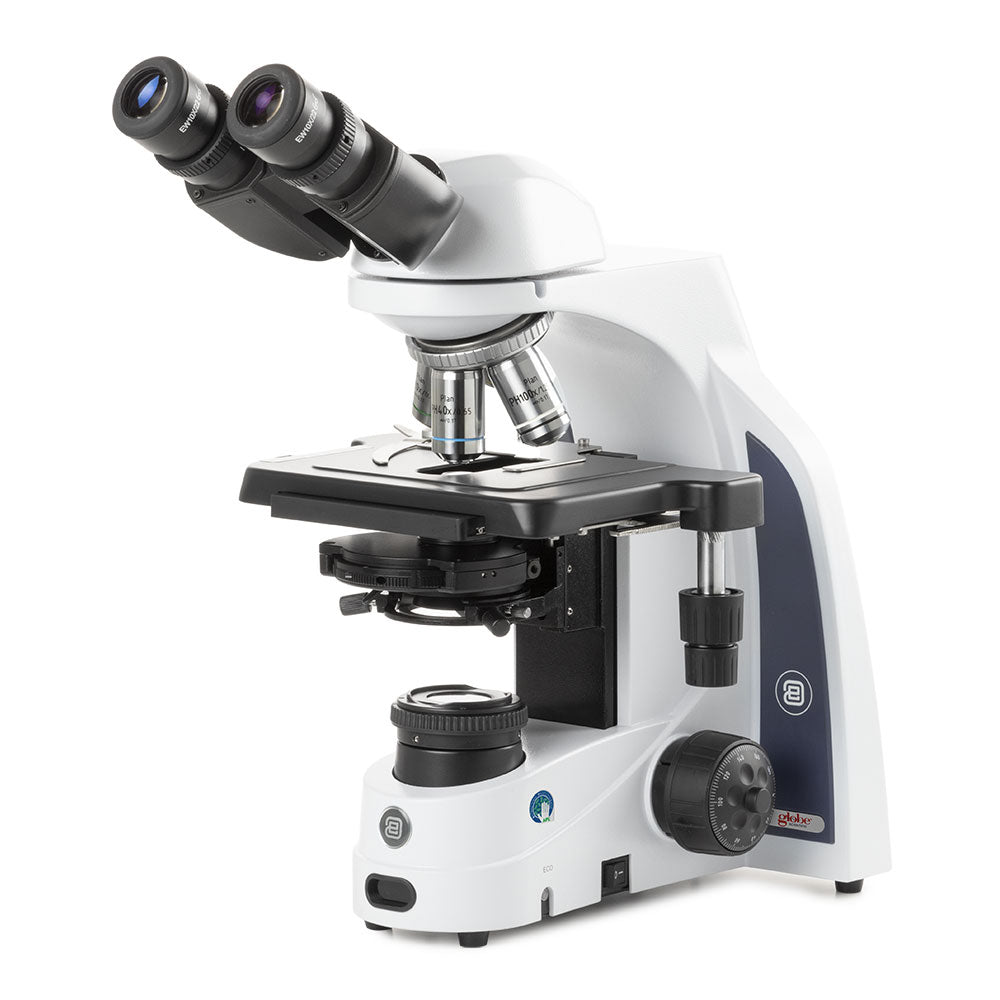 Globe Scientific EIS-1152-PLPHI iScope binocular microscope with EWF 10x/22mm eyepieces Plan phase PLPHI 10/20/S40/S100x oil IOS objectives Zernike phase contrast disc condenser with darkfield stop rackless stage and Köhler 3W NeoLED™ illumination