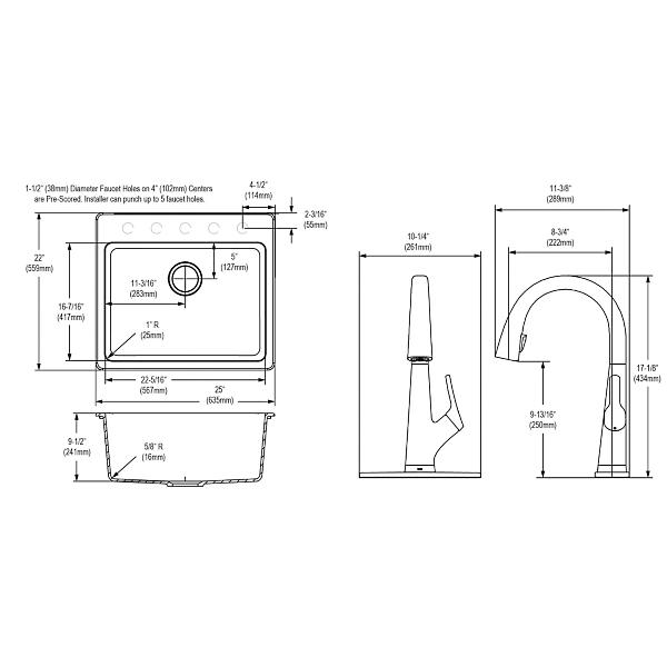 Elkay ELG2522FLC Quartz Classic® 25" x 22" x 9-1/2" Single Bowl Drop-in Sink Kit with Filtered Faucet