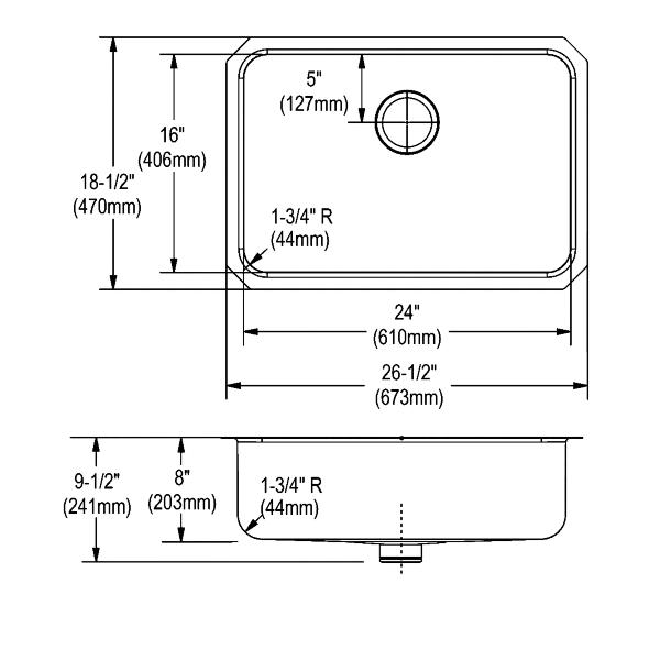 Elkay ELUH2416PD Lustertone® Classic Stainless Steel 26-1/2" x 18-1/2" x 8" Single Bowl Undermount Sink with Perfect Drain®