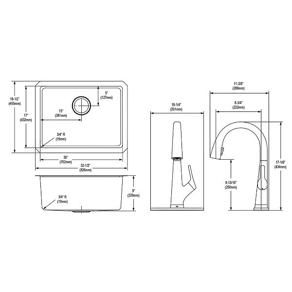 Elkay ELUH3017TFLC Lustertone Iconix® 18 Gauge Stainless Steel 32-1/2 x 19-1/2" x 9" Single Bowl Undermount Sink Kit with Filtered Faucet