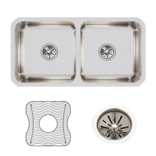 Elkay ELUH3116DBG Lustertone® Classic Stainless Steel, 31-3/4" x 16-1/2" x 7-1/2" Equal Double Bowl Undermount Sink Kit