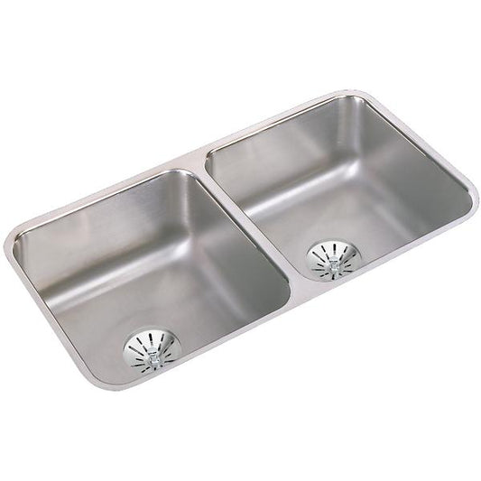 Elkay ELUH3116PD Lustertone® Classic Stainless Steel, 31-3/4" x 16-1/2" x 7-1/2" Double Bowl Undermount Sink w/Perfect Drain®