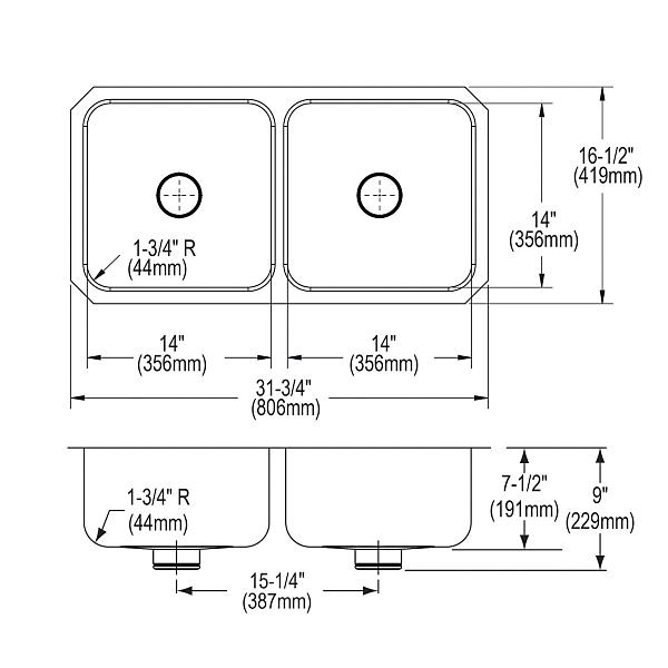 Elkay ELUH3116PD Lustertone® Classic Stainless Steel, 31-3/4" x 16-1/2" x 7-1/2" Double Bowl Undermount Sink w/Perfect Drain®