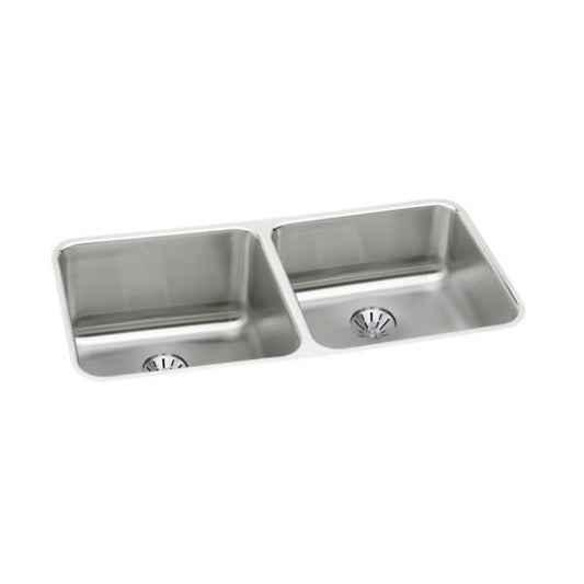 Elkay ELUH311810RPD Lustertone® Classic Stainless Steel 30-3/4" x 18-1/2" x 10" Equal Double Bowl Undermount Sink with Right Perfect Drain®