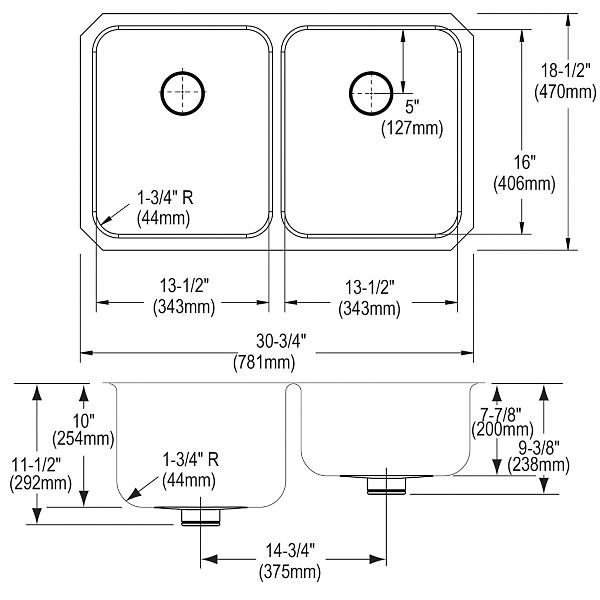 Elkay ELUH311810RPD Lustertone® Classic Stainless Steel 30-3/4" x 18-1/2" x 10" Equal Double Bowl Undermount Sink with Right Perfect Drain®
