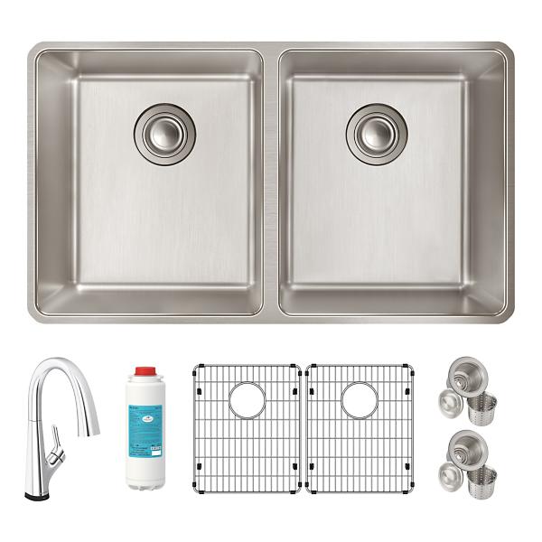 Elkay ELUH3118TFLC Lustertone Iconix® 18 Gauge Stainless Steel 32-3/4" x 19-1/2" x 9" Double Bowl Undermount Sink Kit with Filtered Faucet