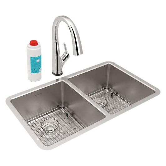 Elkay ELUH3118TFLC Lustertone Iconix® 18 Gauge Stainless Steel 32-3/4" x 19-1/2" x 9" Double Bowl Undermount Sink Kit with Filtered Faucet