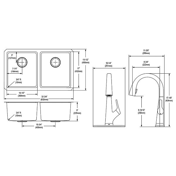 Elkay ELUH3118TFLC Lustertone Iconix® 18 Gauge Stainless Steel 32-3/4" x 19-1/2" x 9" Double Bowl Undermount Sink Kit with Filtered Faucet