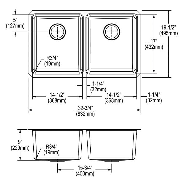 Elkay ELUH3118T Lustertone Iconix® 18 Gauge Stainless Steel 32-3/4" x 19-1/2" x 9" Double Bowl Undermount Sink