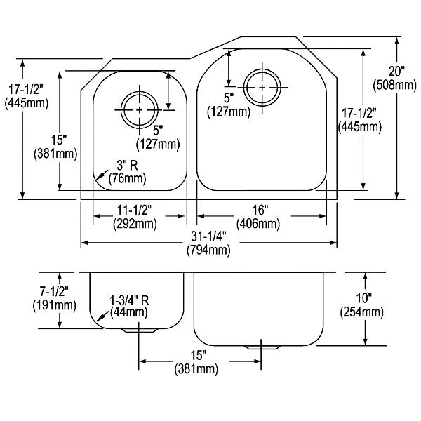 Elkay ELUH311910LDBG Lustertone® Classic Stainless Steel 31-1/4" x 20" x 10" Offset 40/60 Double Bowl Undermount Sink Kit