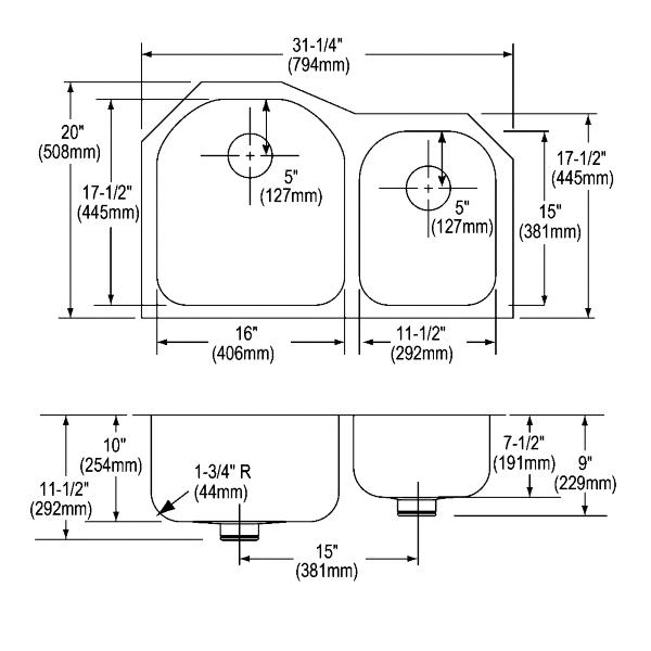 Elkay ELUH311910RPD Lustertone® Classic Stainless Steel 31-1/4" x 20" x 10" Offset 60/40 Double Undermount Sink w/Perfect Drain®