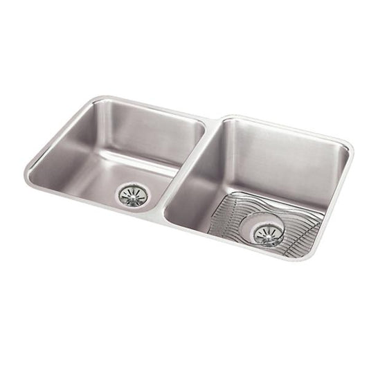 Elkay ELUH3120LDBG Lustertone® Classic Stainless Steel, 31-1/4" x 20-1/2" x 9-7/8" Offset Double Bowl Undermount Sink Kit