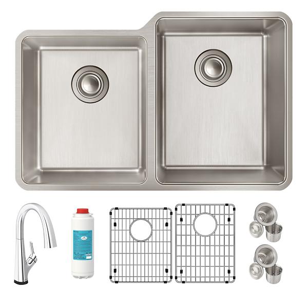 Elkay ELUH3120LTFLC Lustertone Iconix® 18 Gauge Stainless Steel 31-1/4" x 20-1/2" x 9" Double Bowl Undermount Sink Kit with Filtered Faucet