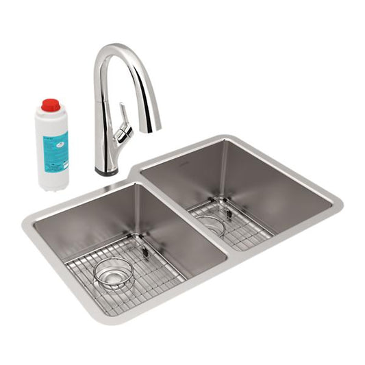 Elkay ELUH3120LTFLC Lustertone Iconix® 18 Gauge Stainless Steel 31-1/4" x 20-1/2" x 9" Double Bowl Undermount Sink Kit with Filtered Faucet