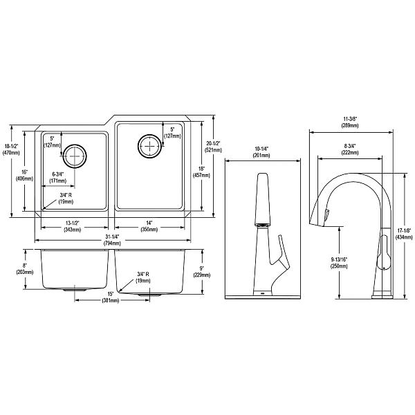 Elkay ELUH3120LTFLC Lustertone Iconix® 18 Gauge Stainless Steel 31-1/4" x 20-1/2" x 9" Double Bowl Undermount Sink Kit with Filtered Faucet