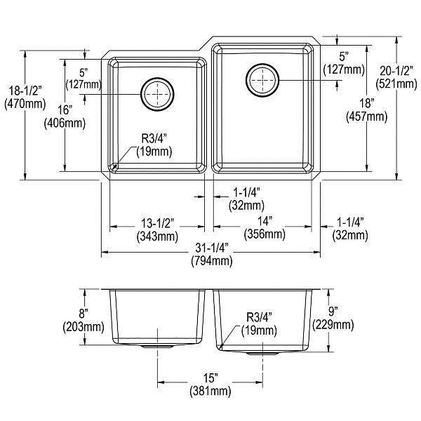 Elkay ELUH3120LT Lustertone Iconix® 18 Gauge Stainless Steel 31-1/4" x 20-1/2" x 9" Double Bowl Undermount Sink with Left Small Bowl