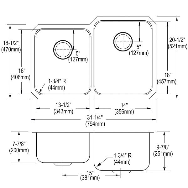 Elkay ELUH3120L Lustertone Classic Stainless Steel 31-1/4" x 20-1/2" x 9-7/8" Offset Double Bowl Undermount Sink