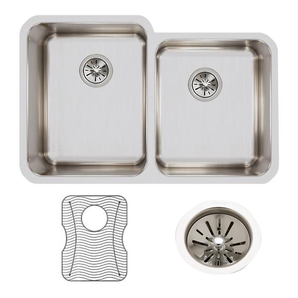 Elkay ELUH3120RDBG Lustertone® Classic Stainless Steel, 31-1/4" x 20-1/2" x 9-7/8" Offset Double Bowl Undermount Sink Kit