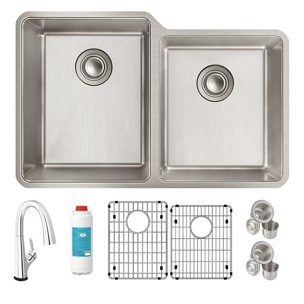 Elkay ELUH3120RTFLC Lustertone Iconix® 18 Gauge Stainless Steel 31-1/4" x 20-1/2" x 9" Double Bowl Undermount Sink Kit with Filtered Faucet