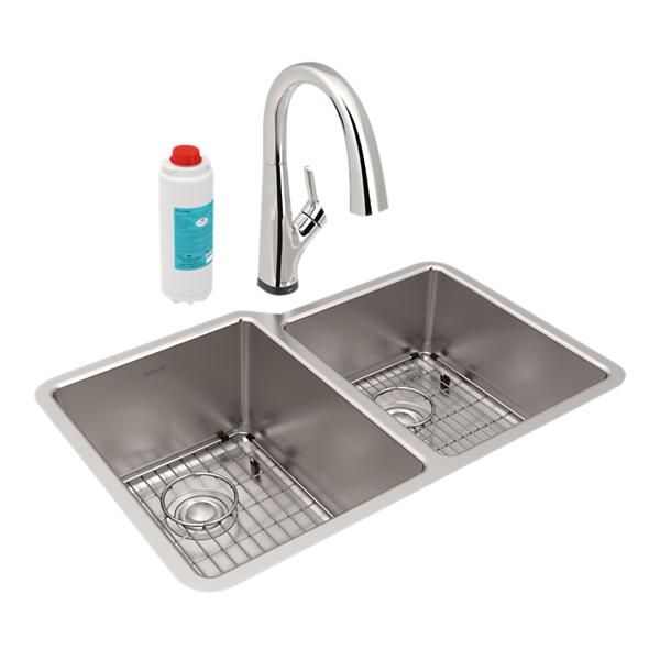 Elkay ELUH3120RTFLC Lustertone Iconix® 18 Gauge Stainless Steel 31-1/4" x 20-1/2" x 9" Double Bowl Undermount Sink Kit with Filtered Faucet