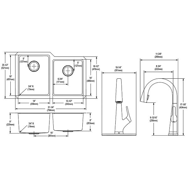 Elkay ELUH3120RTFLC Lustertone Iconix® 18 Gauge Stainless Steel 31-1/4" x 20-1/2" x 9" Double Bowl Undermount Sink Kit with Filtered Faucet