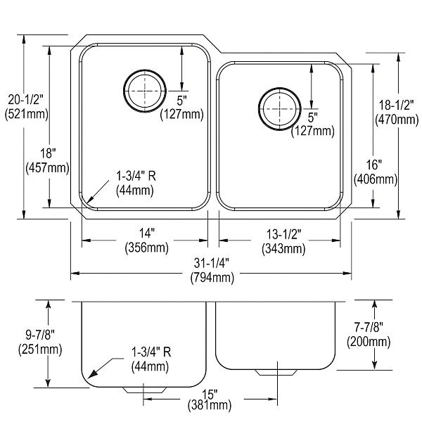 Elkay ELUH3120RDBG Lustertone® Classic Stainless Steel, 31-1/4" x 20-1/2" x 9-7/8" Offset Double Bowl Undermount Sink Kit