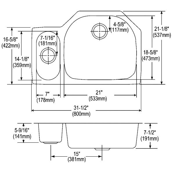 Elkay ELUH3221L Lustertone® Classic Stainless Steel 31-1/2" x 21-1/8" x 7-1/2" 30/70 Offset Double Bowl Undermount Sink