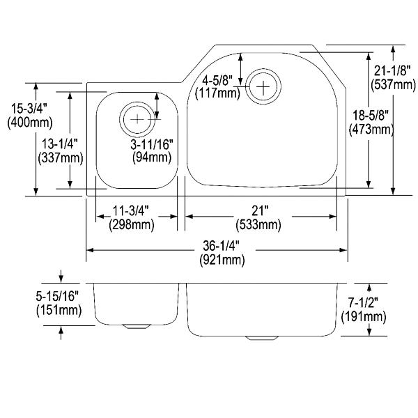 Elkay ELUH3621L Lustertone Classic Stainless Steel 36-1/4" x 21-1/8" x 7-1/2" Offset 40/60 Double Bowl Undermount Sink