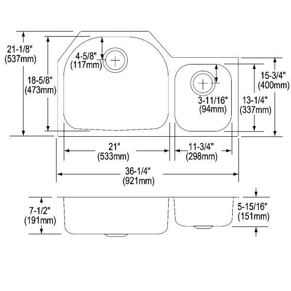 Elkay ELUH3621RDBG Lustertone® Classic Stainless Steel 36-1/4" x 21-1/8" x 7-1/2" Offset 60/40 Double Bowl Undermount Sink Kit