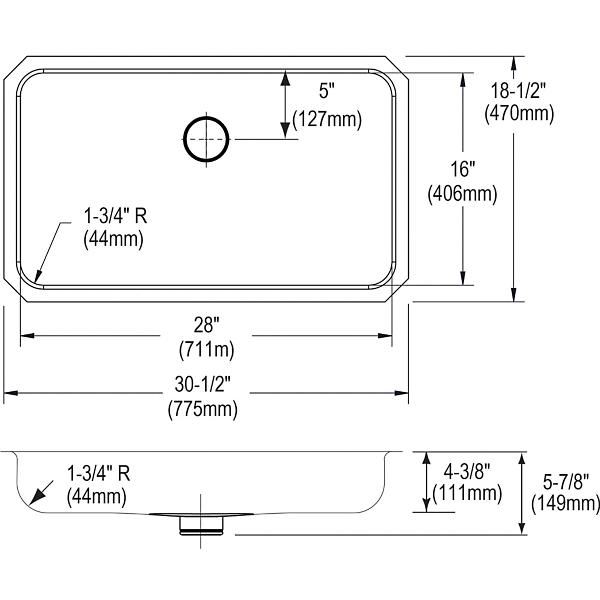 Elkay ELUHAD281645PD Lustertone® Classic Stainless Steel 30-1/2" x 18-1/2" x 4-3/8" Single Bowl Undermount ADA Sink w/Perfect Drain®