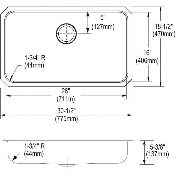 Elkay ELUHAD281655 Lustertone® Classic Stainless Steel, 30-1/2" x 18-1/2" x 5-3/8" Single Bowl Undermount ADA Sink