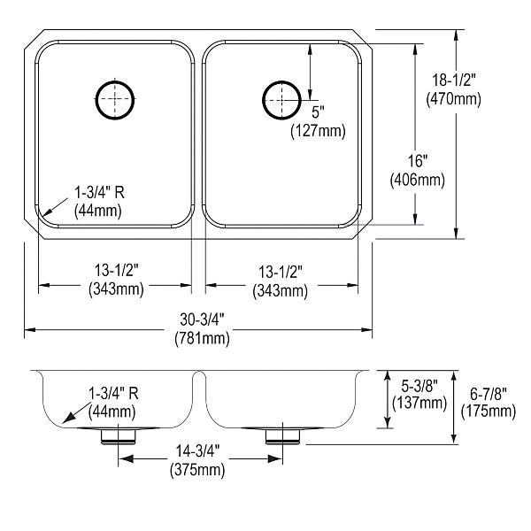 Elkay ELUHAD311855PD Lustertone® Classic Stainless Steel 30-3/4" x 18-1/2" x 5-3/8" Double Bowl Undermount ADA Sink w/Perfect Drain®