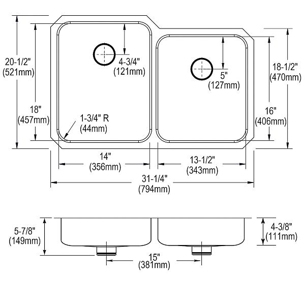 Elkay ELUHAD312045RPD Lustertone® Classic Stainless Steel 31-1/4" x 20-1/2" x 4-3/8" Double Bowl Undermount ADA Sink w/Perfect Drain®