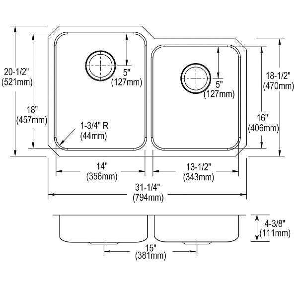 Elkay ELUHAD312045R Lustertone® Classic Stainless Steel, 31-1/4" x 20-1/2" x 4-3/8" Offset Double Bowl Undermount ADA Sink