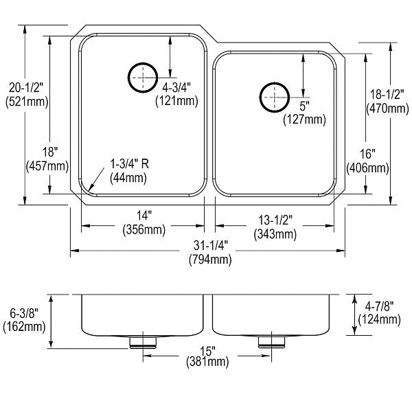 Elkay ELUHAD312050RPD Lustertone® Classic Stainless Steel 31-1/4" x 20-1/2" x 4-7/8" Double Bowl Undermount ADA Sink w/Perfect Drain®