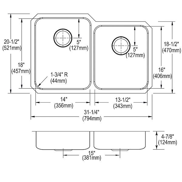 Elkay ELUHAD312050R Lustertone® Classic Stainless Steel, 31-1/4" x 20-1/2" x 4-7/8" Offset Double Bowl Undermount ADA Sink