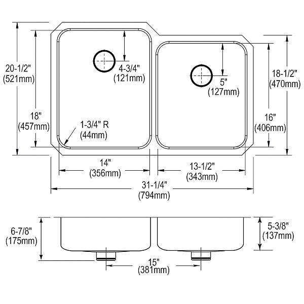Elkay ELUHAD312055RPD Lustertone® Classic Stainless Steel 31-1/4" x 20-1/2" x 5-3/8" Double Bowl Undermount ADA Sink w/Perfect Drain®