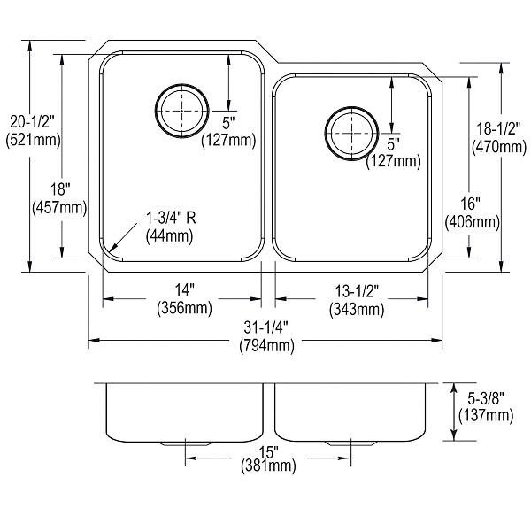 Elkay ELUHAD312055R Lustertone® Classic Stainless Steel, 31-1/4" x 20-1/2" x 5-3/8" Offset Double Bowl Undermount ADA Sink