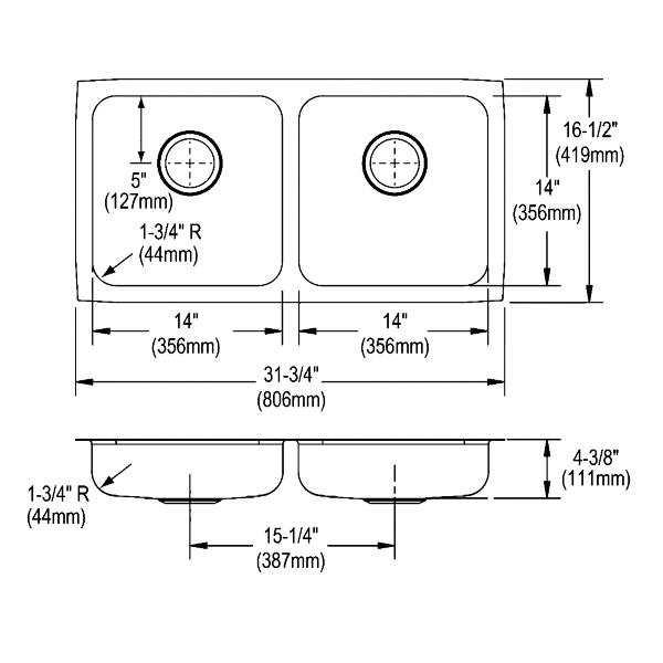 Elkay ELUHAD321645 Lustertone® Classic Stainless Steel 31-3/4" x 16-1/2" x 4-3/8" Equal Double Bowl Undermount ADA Sink