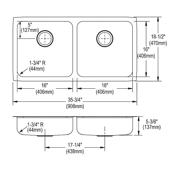 Elkay ELUHAD361855 Lustertone Classic Stainless Steel, 35-3/4" x 18-1/2" x 5-3/8" Equal Double Bowl Undermount ADA Sink