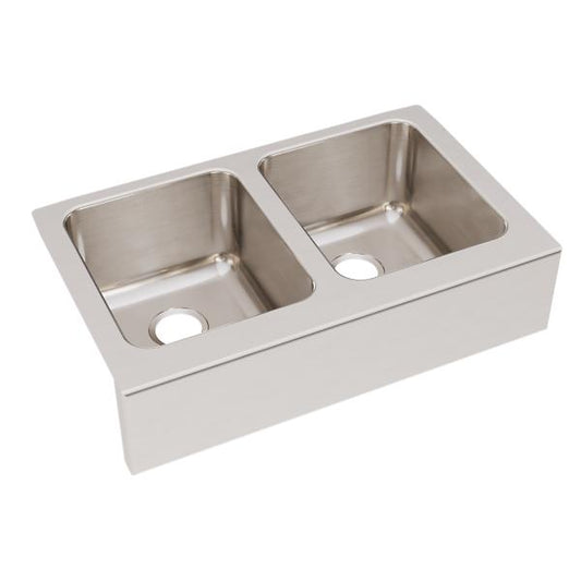 Elkay ELUHF332010 Lustertone Classic Stainless Steel 33" x 20-1/2" x 10" Equal 0-Hole Double Bowl Farmhouse Sink